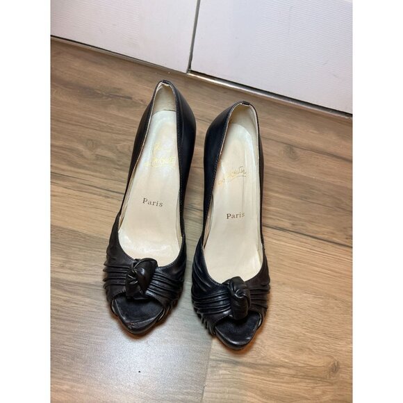 Christian Louboutin Lady Gres Black Leather Peep-Toe Platforms Heels Women 10 - Picture 5 of 13